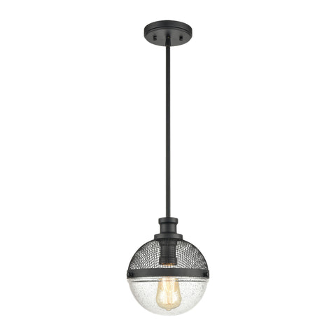 Calabria 1-Light Mini Pendant in Matte Black with Seedy Glass and Matte Black Metal Mesh
