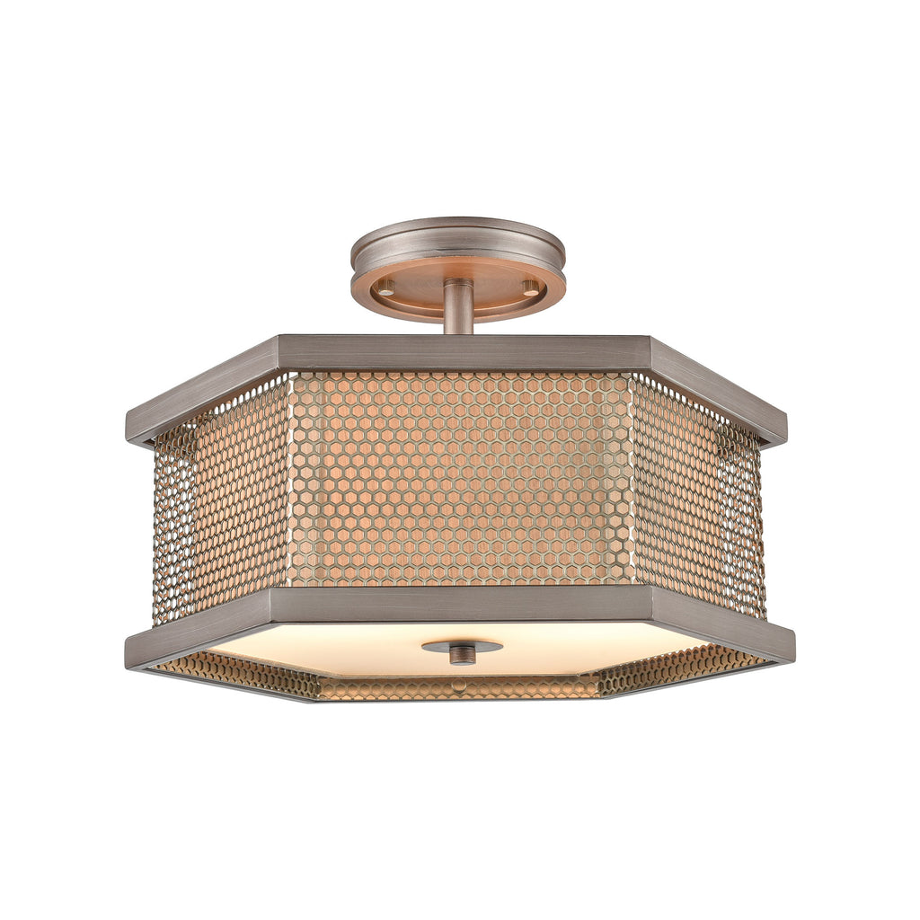 Crestler 2-Light Semi Flush in Weathered Zinc and Polished Nickel Mesh with Beige Fabric Shade