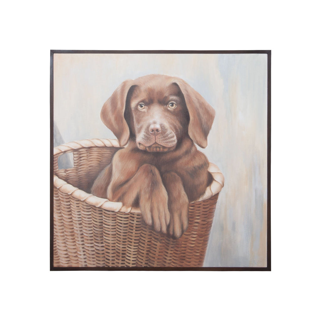 CHOCOLATE LAB PUPPY; Hand painted Chocolate Lab pup on canvas in mahogany frame. Wall Art GuildMaster 