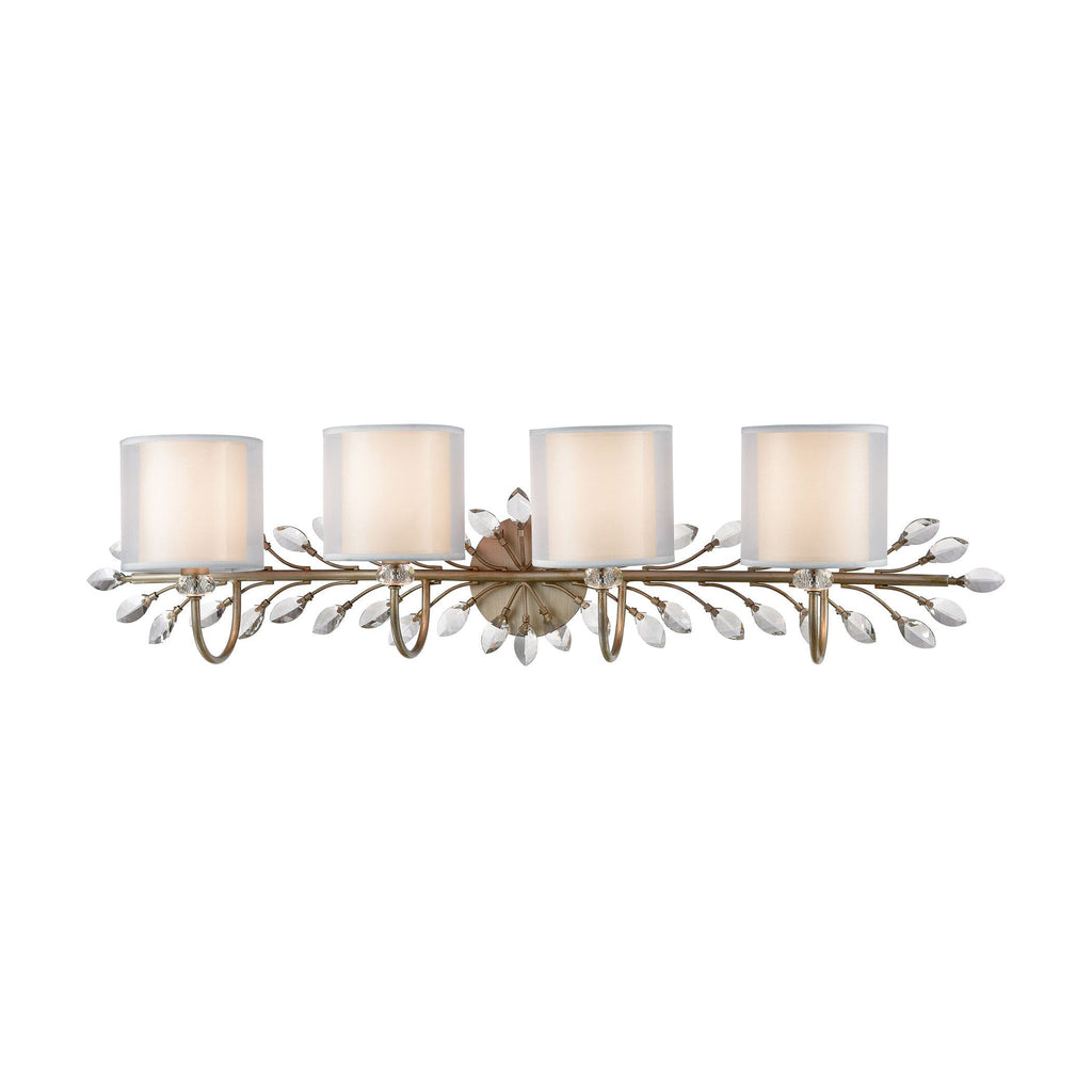 Asbury 4-Light Vanity Light in Aged Silver with White Fabric Shade Inside Silver Organza Shade Wall Elk Lighting 