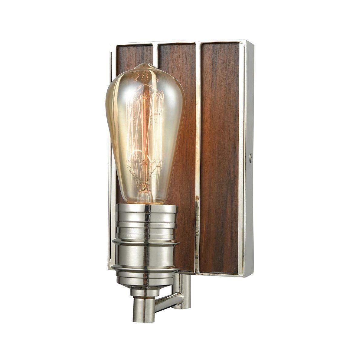 Brookweiler 1 Light Vanity In Polished Nickel With Dark Wood Backplate Wall Elk Lighting 