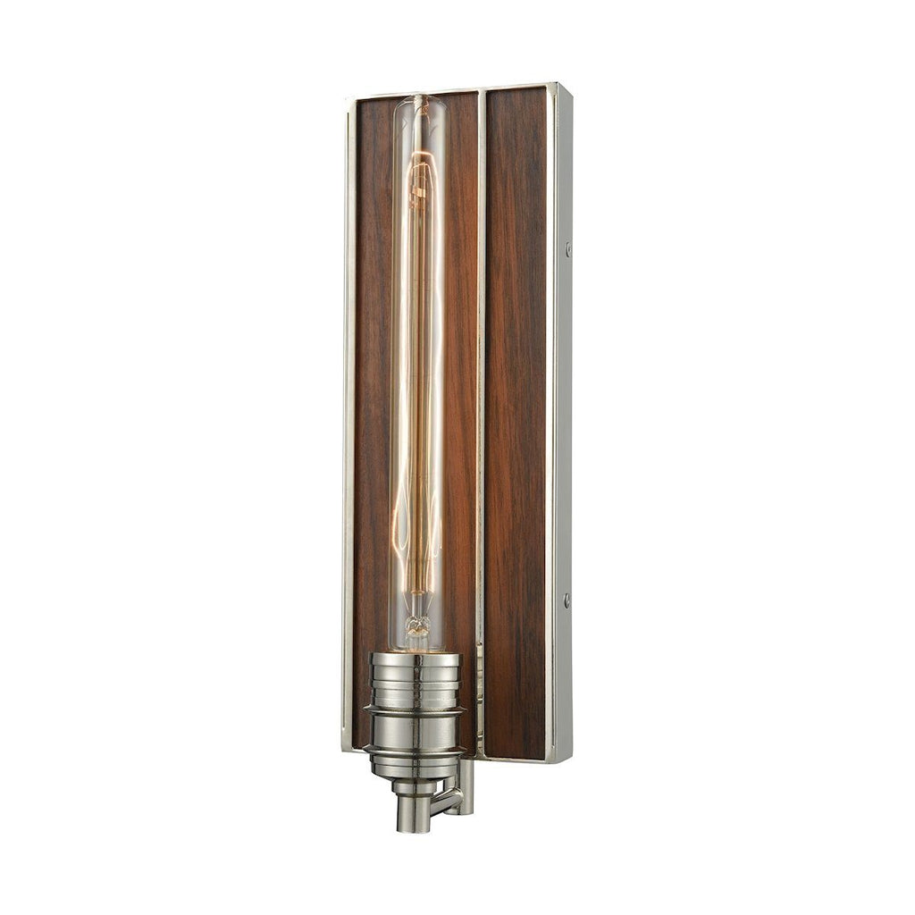 Brookweiler 1 Light Wall Sconce In Polished Nickel With Dark Wood Backplate Wall Sconce Elk Lighting 