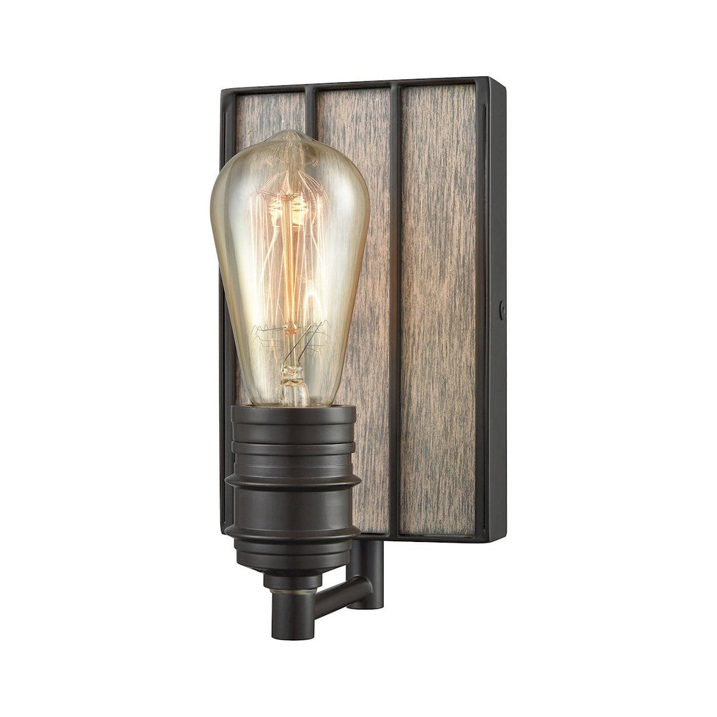Brookweiler 1 Light Vanity In Oil Rubbed Bronze With Washed Wood Backplate Wall Elk Lighting 