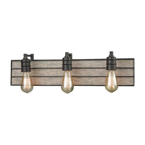 Brookweiler 3 Light Vanity In Oil Rubbed Bronze With Washed Wood Backplate Wall Elk Lighting 