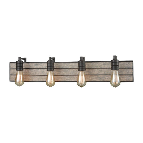 Brookweiler 4 Light Vanity In Oil Rubbed Bronze With Washed Wood Backplate Wall Elk Lighting 