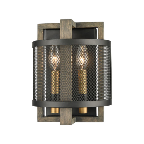 Woodbridge 2-Light Sconce in Weathered Oak and Aged Brass with Matte Black Metal Mesh