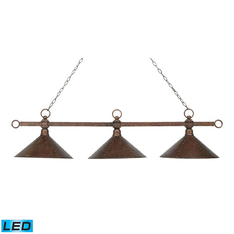 Designer Classic 3 Light LED Billiard In Antique Copper With Hand Hammered Iron Shades Ceiling Elk Lighting 