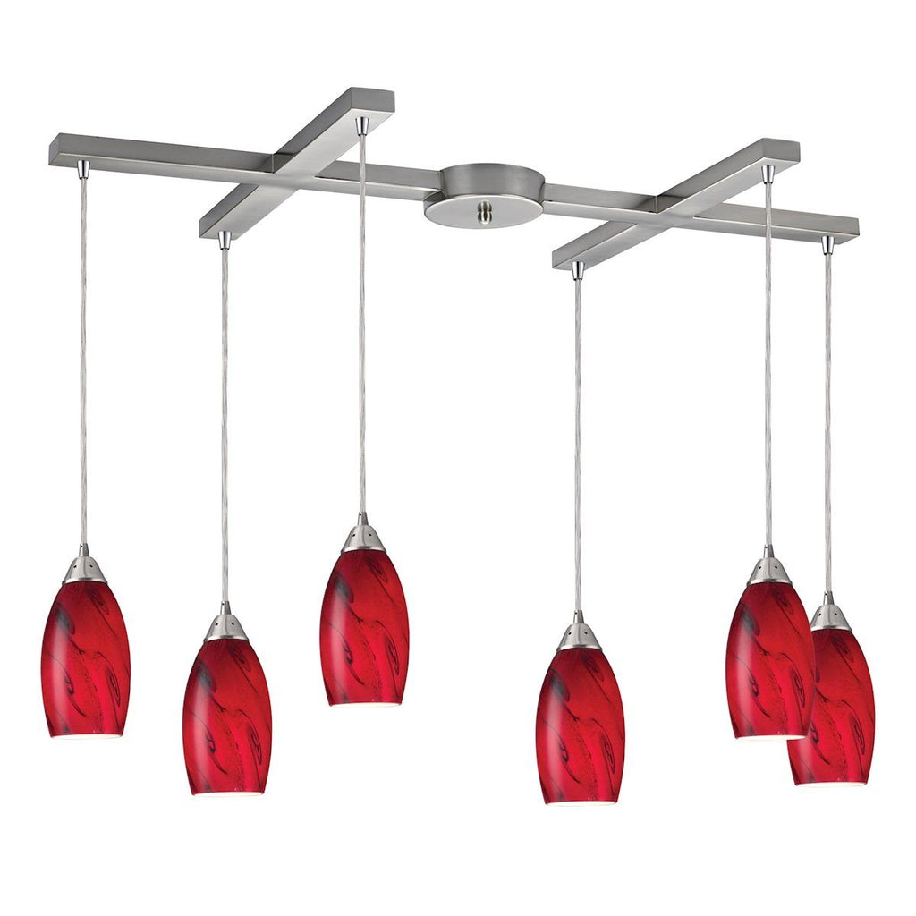 Galaxy 6 Light Chandelier In Satin Nickel And Red Glass Ceiling Elk Lighting Red 