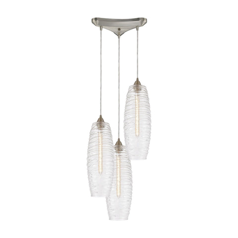 Liz 3-Light Pendant in Satin Nickel with Clear Glass with Ribbed Swirls Ceiling Elk Lighting 