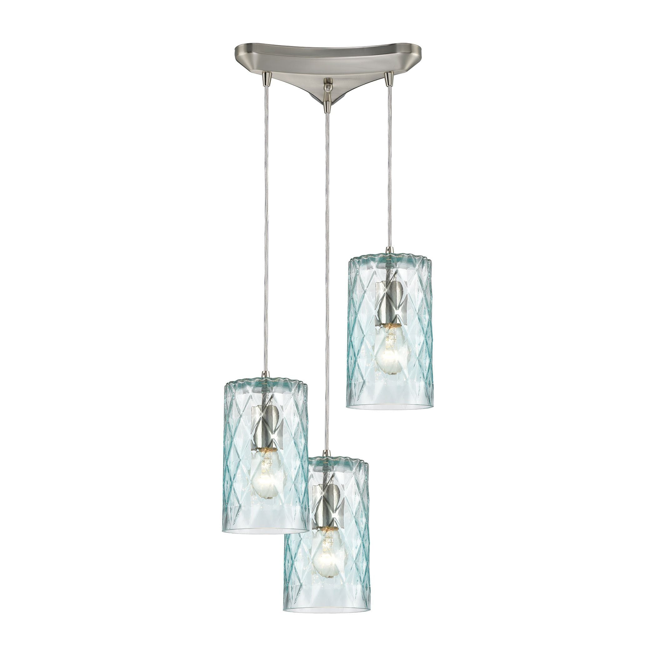 Diamond Pleat 3-Light Pendant in Satin Nickel with Light Aqua Diamond Pattern Glass Ceiling Elk Lighting 