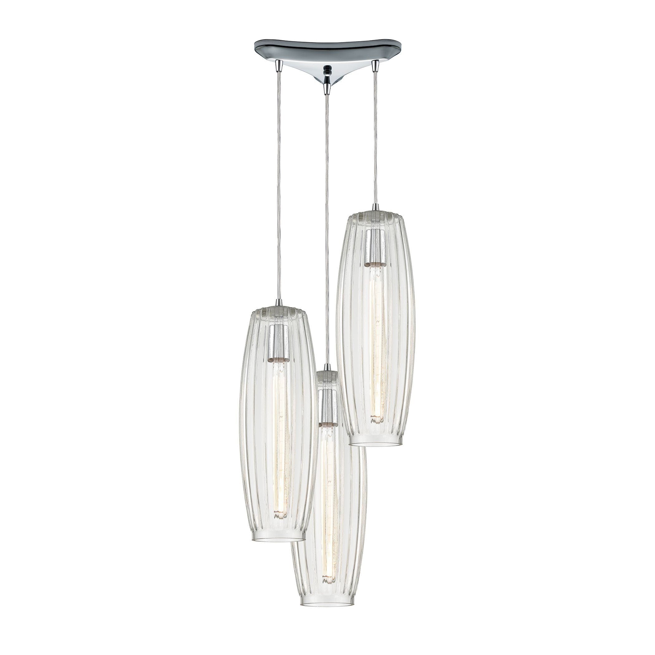 Satin Veil 3-Light Pendant in Polished Chrome with Clear Ribbed Glass Ceiling Elk Lighting 