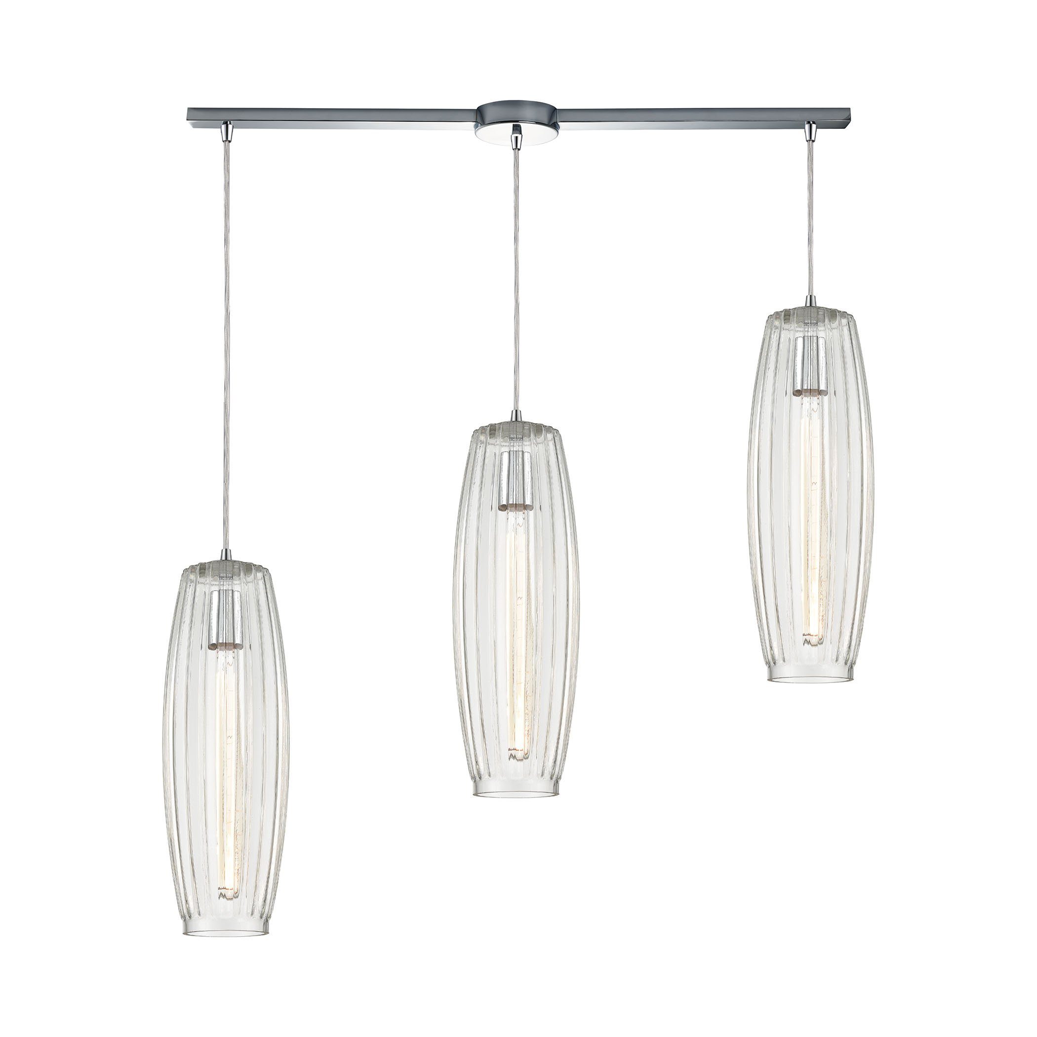 Satin Veil 3-Light Pendant in Polished Chrome with Clear Ribbed Glass Ceiling Elk Lighting 