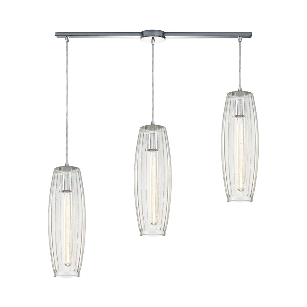 Satin Veil 3-Light Pendant in Polished Chrome with Clear Ribbed Glass Ceiling Elk Lighting 