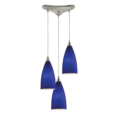 Vesta 3 Light Pendant In Satin Nickel And Royal Blue Glass Ceiling Elk Lighting 