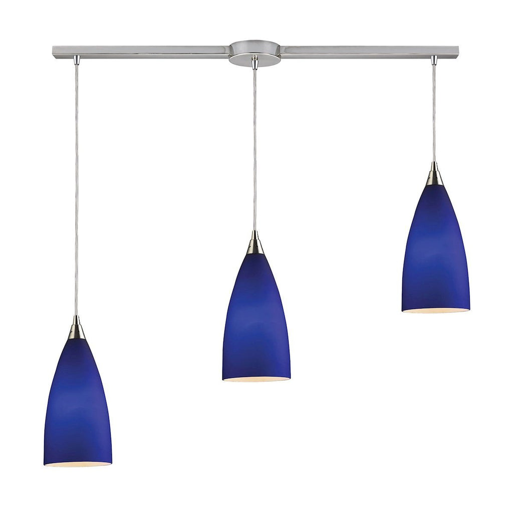 Vesta 3 Light Pendant In Satin Nickel And Royal Blue Glass Ceiling Elk Lighting 