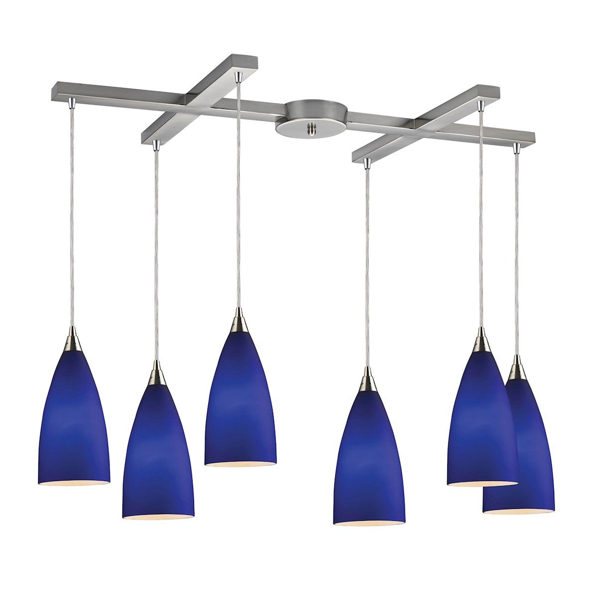 Vesta 6 Light Pendant In Satin Nickel And Royal Blue Glass Ceiling Elk Lighting 