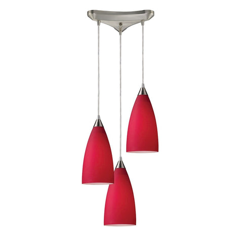 Vesta 3 Light Pendant In Satin Nickel And Cardinal Red Glass Ceiling Elk Lighting 