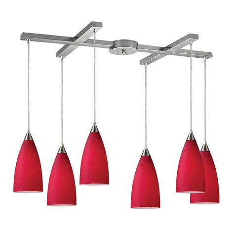 Vesta 6 Light Pendant In Satin Nickel And Cardinal Red Glass Ceiling Elk Lighting 