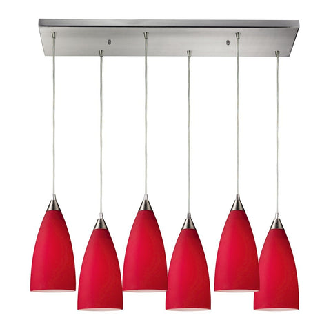 Vesta 6 Light Pendant In Satin Nickel And Cardinal Red Glass Ceiling Elk Lighting 