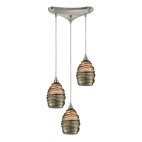 Vines 3 Light Pendant In Satin Nickel And Tan Glass Ceiling Elk Lighting 