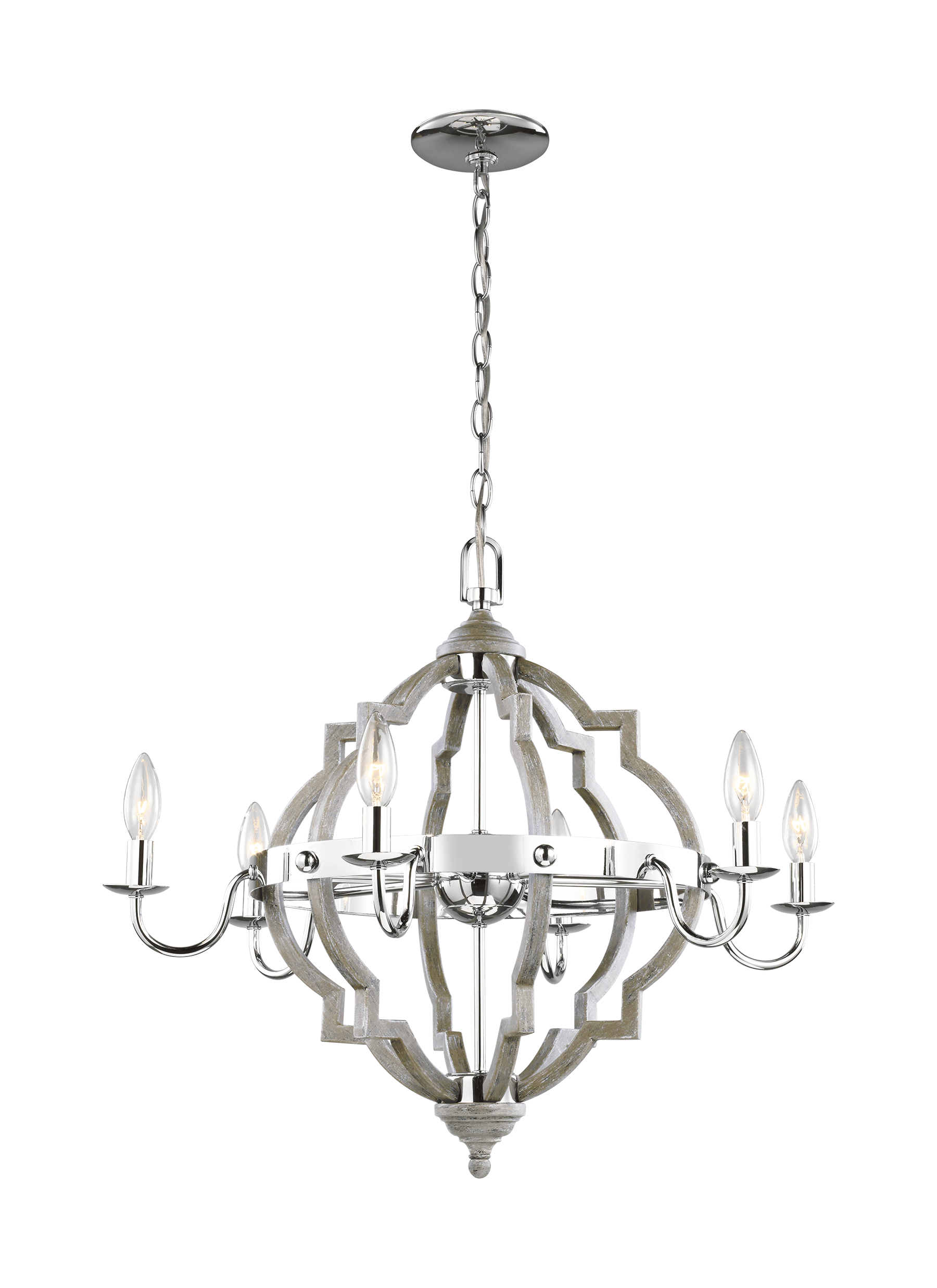 Socorro Six Light Chandelier - Washed Pine / Chrome Ceiling Sea Gull Lighting 