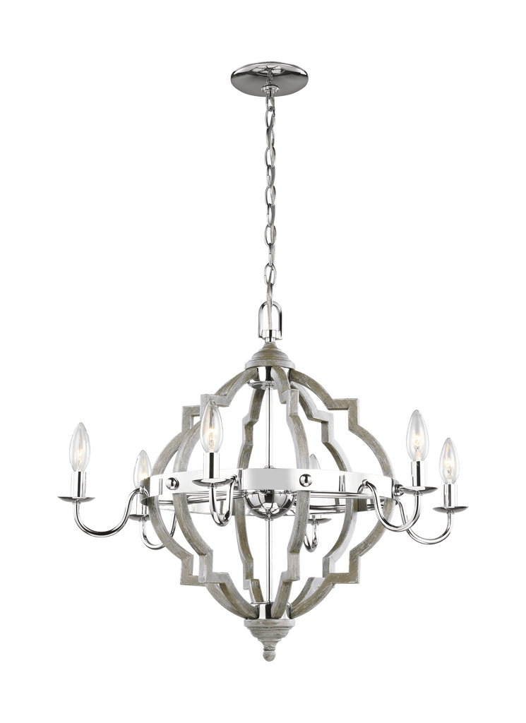 Socorro Six Light Chandelier - Washed Pine / Chrome Ceiling Sea Gull Lighting 