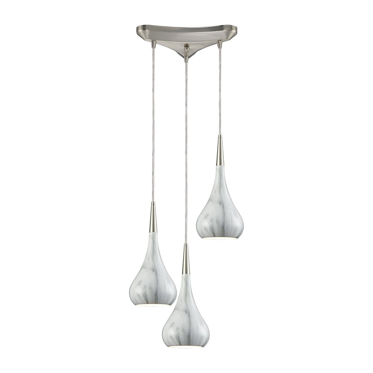 Lindsey 3 Light Triangle Pan Fixture In Satin Nickel With Marble Print Shade Ceiling Elk Lighting 