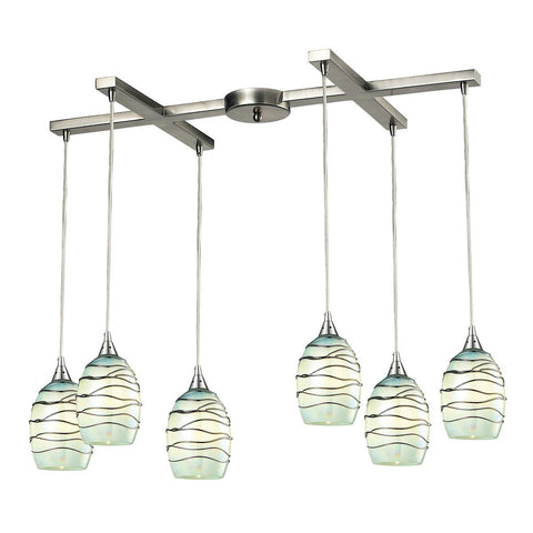 Vines 6 Light Pendant In Satin Nickel And Mint Glass Ceiling Elk Lighting 