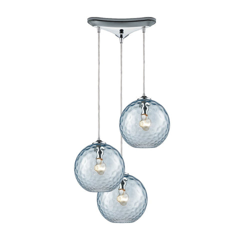 Watersphere 3 Light Triangle Pan Fixture In Polished Chrome With Aqua Hammered Glass Ceiling Elk Lighting 