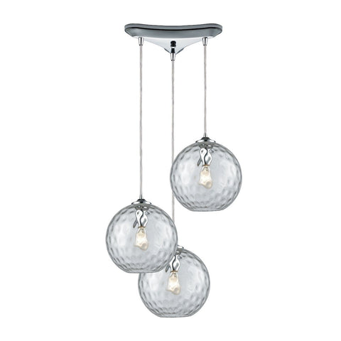 Watersphere 3 Light Triangle Pan Fixture In Polished Chrome With Clear Hammered Glass Ceiling Elk Lighting 
