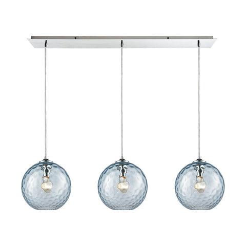 Watersphere 3 Light Linear Pan Fixture In Polished Chrome With Aqua Hammered Glass Ceiling Elk Lighting 