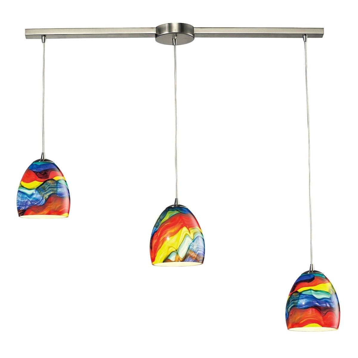 Colorwave 3 Light Pendant In Satin Nickel And Rainbow Streak Glass Ceiling Elk Lighting 