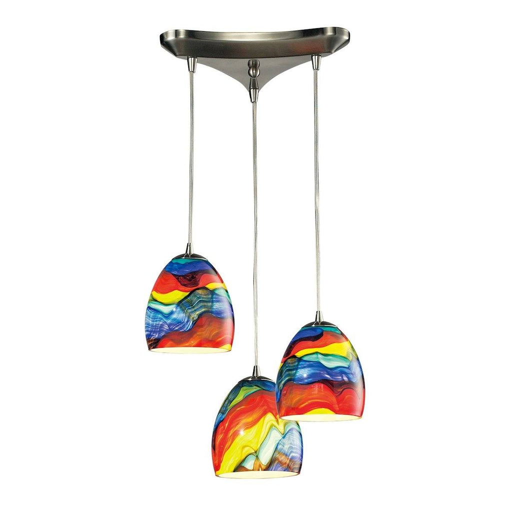 Colorwave 3 Light Pendant In Satin Nickel And Rainbow Streak Glass Ceiling Elk Lighting 