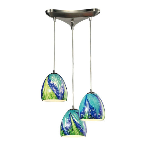 Colorwave 3 Light Pendant In Satin Nickel And Tropics Glass Ceiling Elk Lighting 