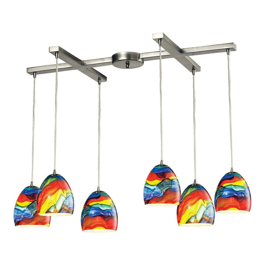 Colorwave 6 Light Pendant In Satin Nickel And Rainbow Streak Glass Ceiling Elk Lighting 
