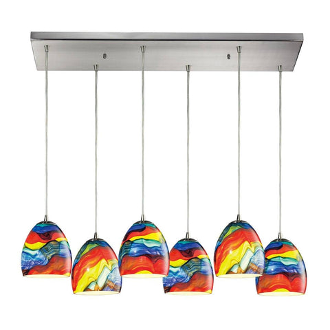 Colorwave 6 Light Pendant In Satin Nickel And Rainbow Streak Glass Ceiling Elk Lighting 