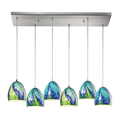 Colorwave 6 Light Pendant In Satin Nickel And Tropics Glass Ceiling Elk Lighting 