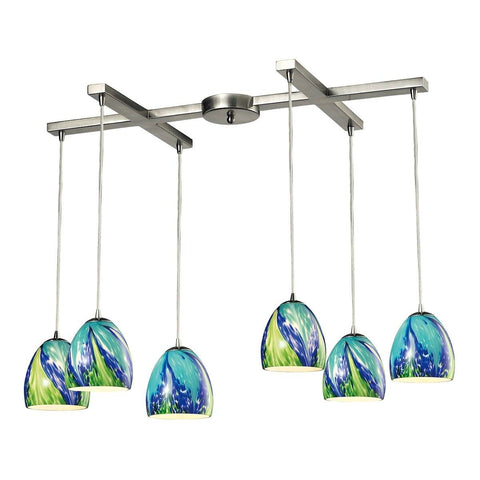 Colorwave 6 Light Pendant In Satin Nickel And Tropics Glass Ceiling Elk Lighting 