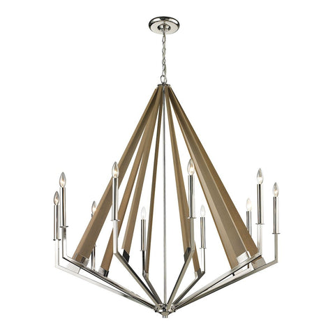 Madera 10 Light Chandelier In Polished Nickel And Natural Wood Ceiling Elk Lighting 