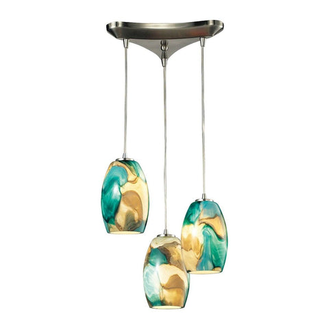 Surreal 3 Light Pendant In Satin Nickel With Cream And Green Glass Ceiling Elk Lighting 