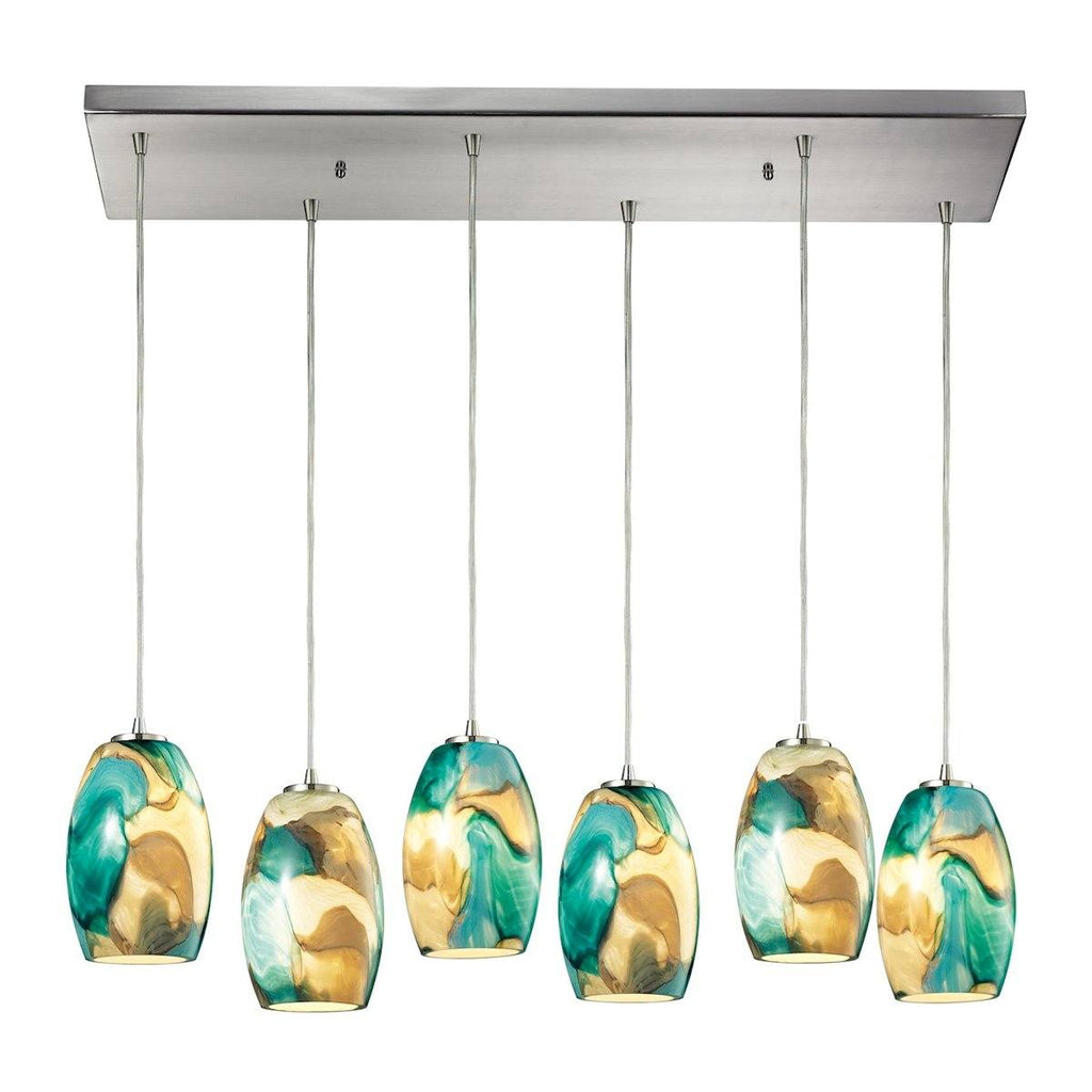 Surreal 6 Light Pendant In Satin Nickel With Cream And Green Glass Ceiling Elk Lighting 