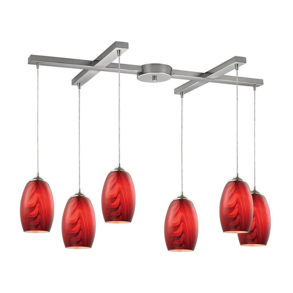 Tidewaters 6 Light Pendant In Satin Nickel And Ruby Glass Ceiling Elk Lighting 