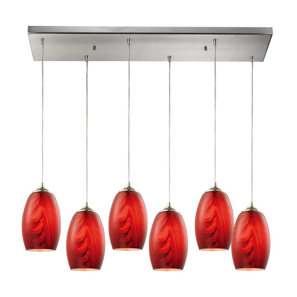 Tidewaters 6 Light Pendant In Satin Nickel And Ruby Glass Ceiling Elk Lighting 