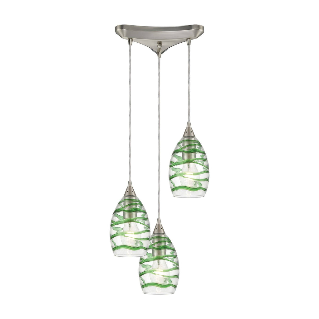 Vines 3-Light Pendant in Satin Nickel with Clear Glass with Emerald Green Strip Ceiling Elk Lighting 