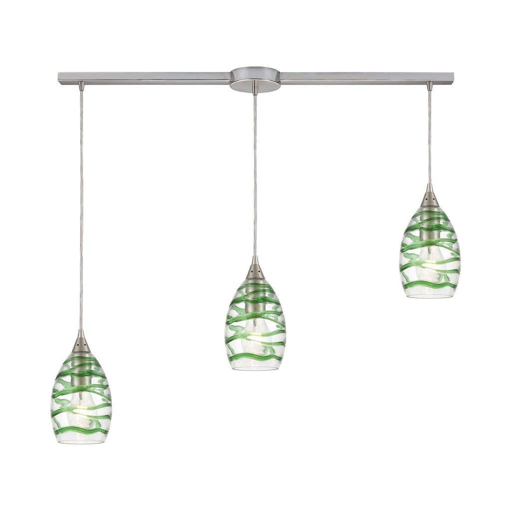 Vines 3-Light Pendant in Satin Nickel with Clear Glass with Emerald Green Strip Ceiling Elk Lighting 