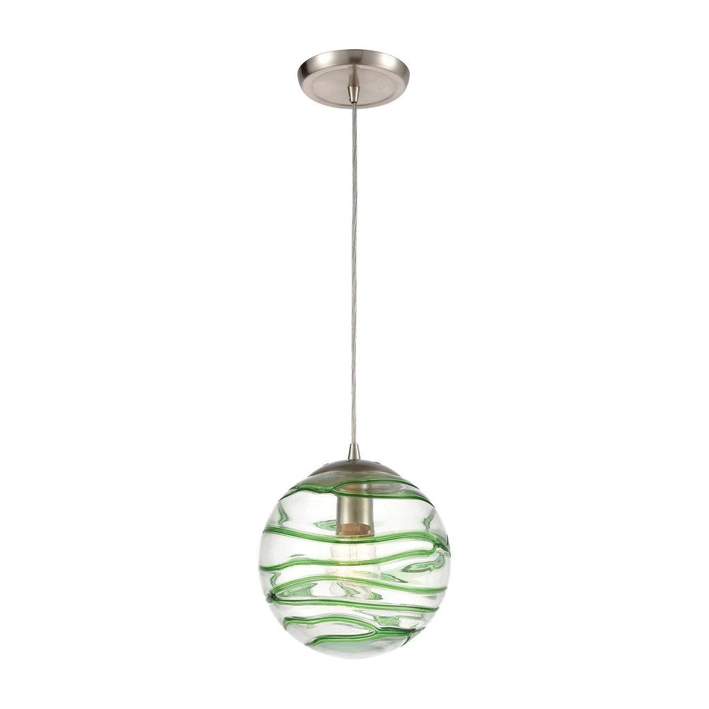 Vines 1-Light Mini Pendant in Satin Nickel with Clear Glass with Emerald Green Strip Ceiling Elk Lighting 