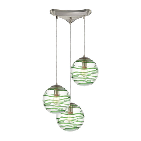 Vines 3-Light Pendant in Satin Nickel with Clear Glass with Emerald Green Strip Ceiling Elk Lighting 