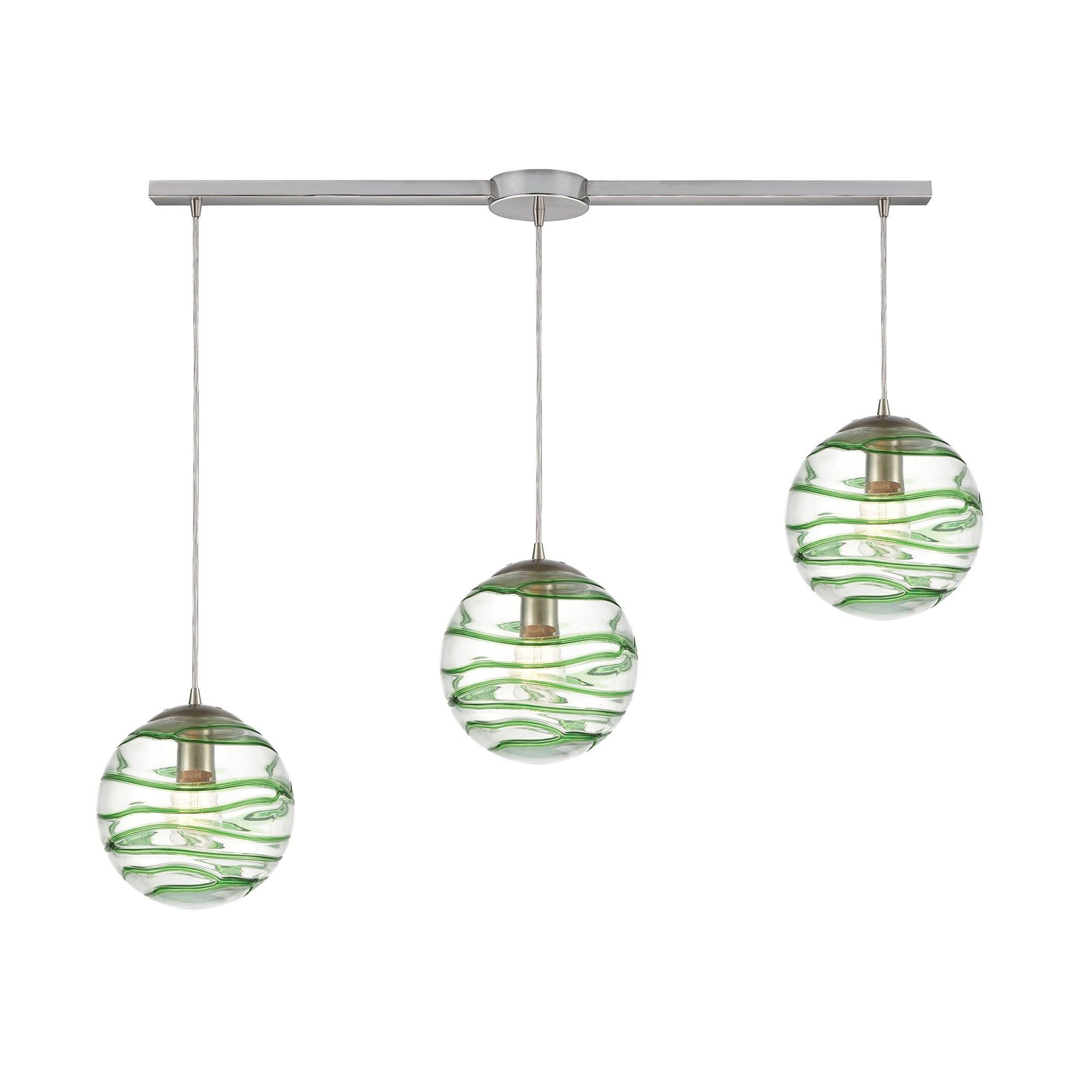 Vines 3-Light Pendant in Satin Nickel with Clear Glass with Emerald Green Strip Ceiling Elk Lighting 