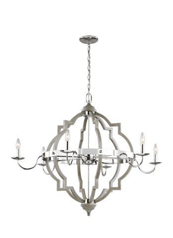 Socorro Six Light Chandelier - Washed Pine / Chrome Ceiling Sea Gull Lighting 