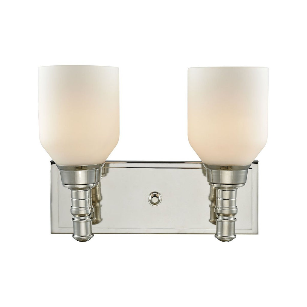 Baxter 2 Light Vanity In Polished Nickel With Opal White Glass Wall Elk Lighting 